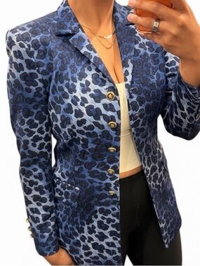 Escada Margaretha Ley blue and black leopard print skirt suit blazer size 36